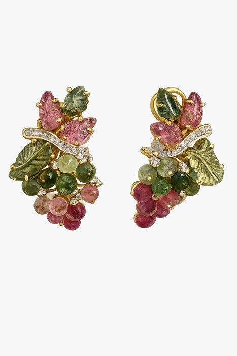 18K Gold Multi-Tourmaline Diamond Grape Cluster Earrings – 23.62g