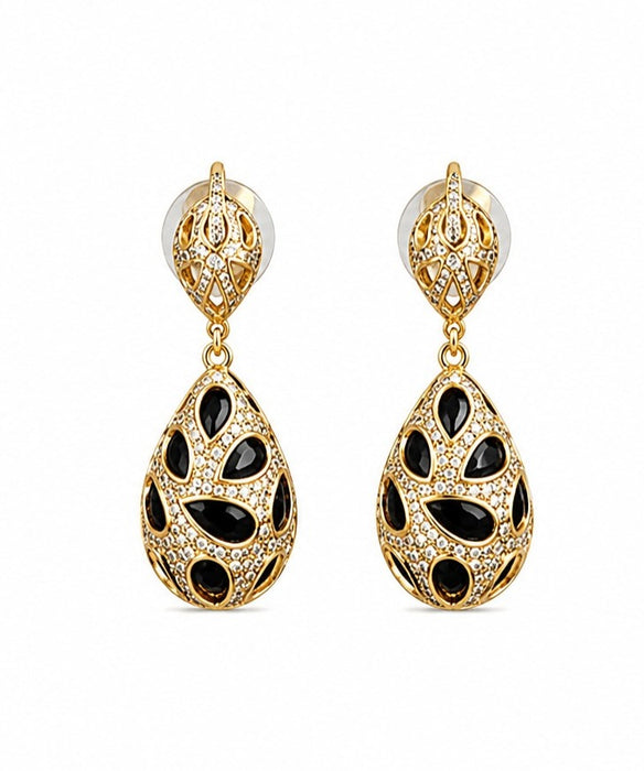 18K Gold Black Onyx Diamond Teardrop Drop Earrings – 20.31g