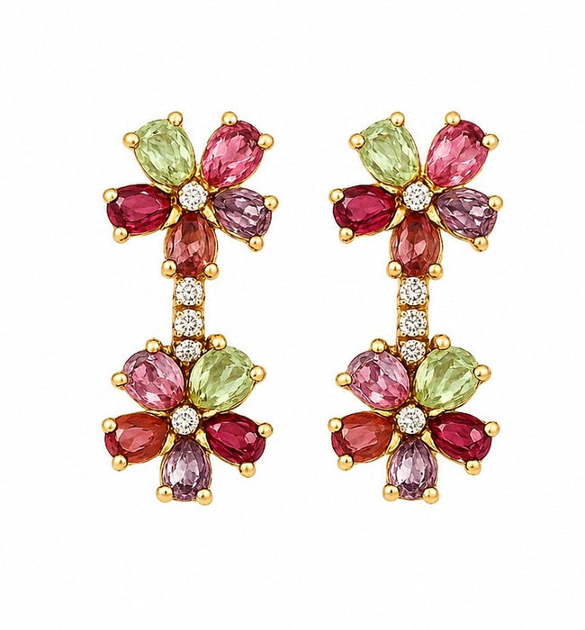 18K Gold Multi-Tourmaline Diamond Floral Drop Earrings – 5.23g