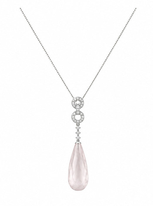 18K White Gold Diamond & Rose Quartz Drop Pendant Necklace – 6.97g