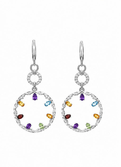18K White Gold Multi-Gemstone Diamond Circle Drop Earrings – 10.21g