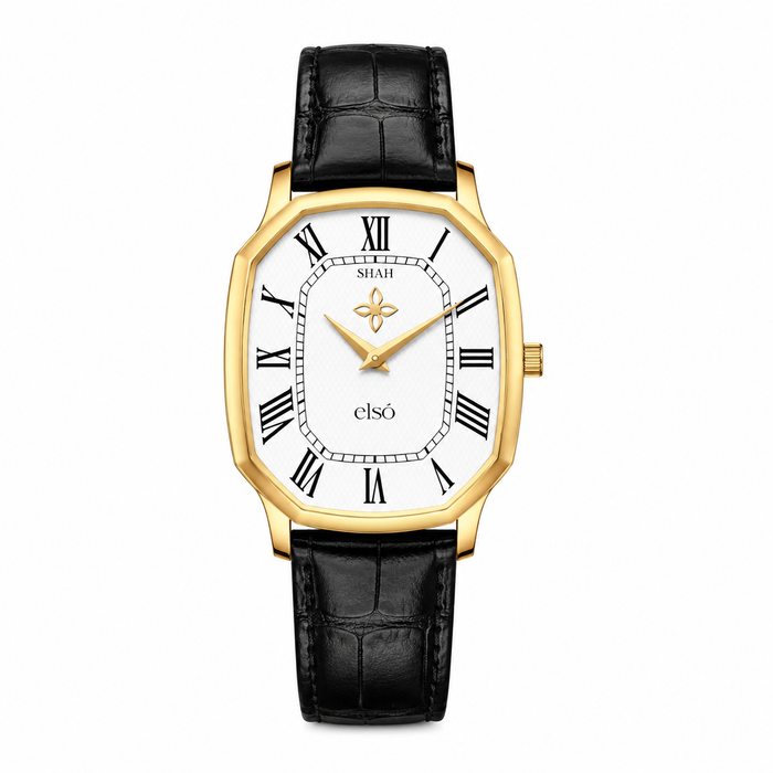 elso Shah Gold Cushion Case Leather Strap Watch – White Roman Dial