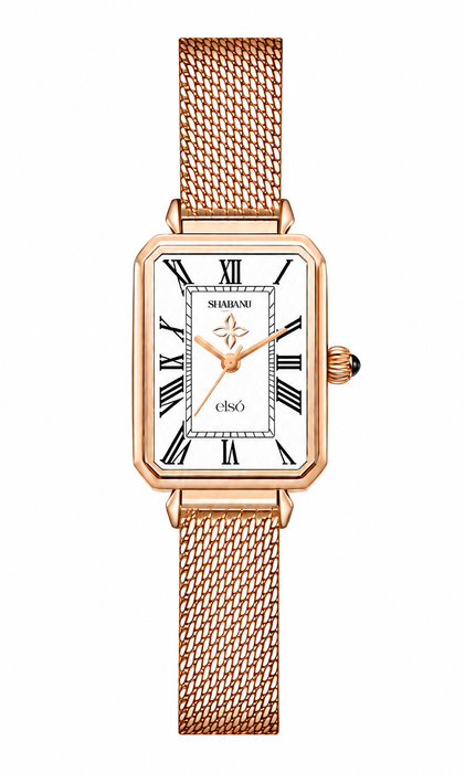 elso Shabanu Rose Gold Rectangular Mesh Strap Watch – White Roman Dial