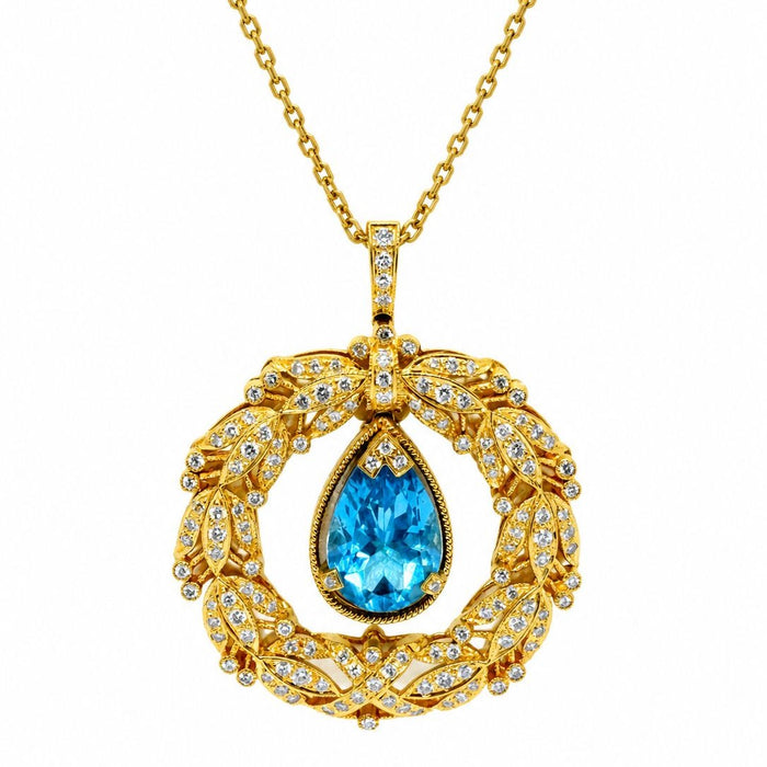 18K Gold Blue Topaz Pendant Necklace with Diamond Accents – 17.07g