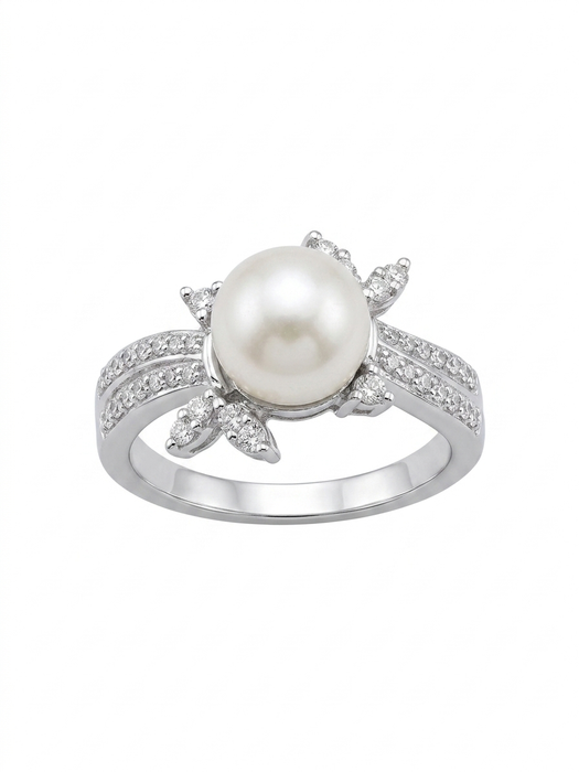 18K White Gold Pearl & Diamond Floral Ring