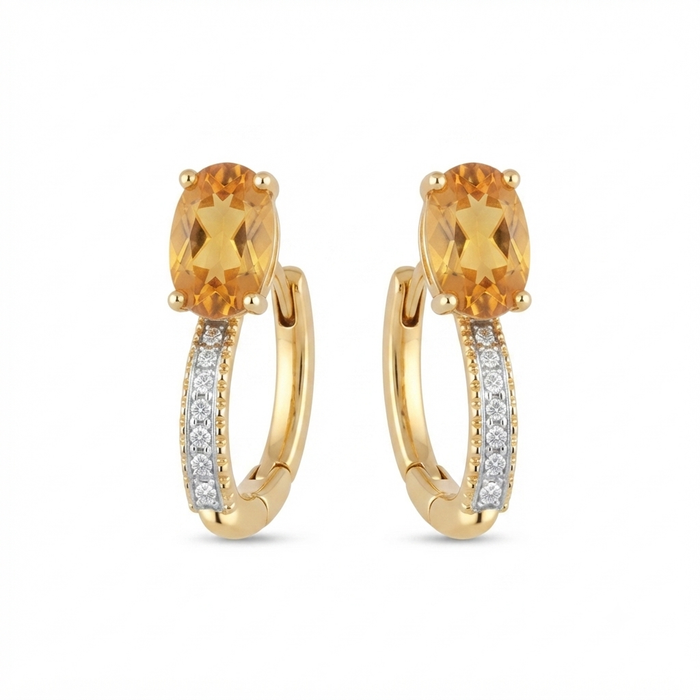 18K Gold Oval Citrine & Diamond Huggie Hoop Earrings – 2.37g