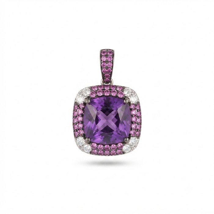18K Gold Cushion-Cut Amethyst, Pink Sapphire & Diamond Halo Pendant – 4.76g