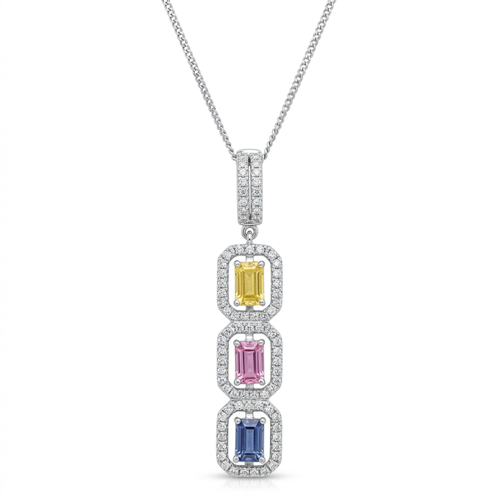 18K White Gold Multi-Sapphire & Diamond Halo Pendant Necklace – 3.16g