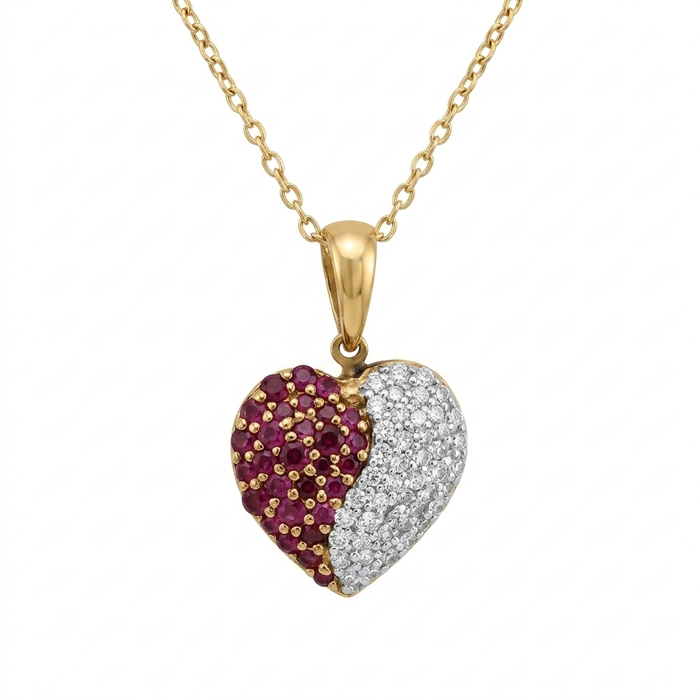 18K Gold Ruby & Diamond Heart Pendant Necklace – 3.69g
