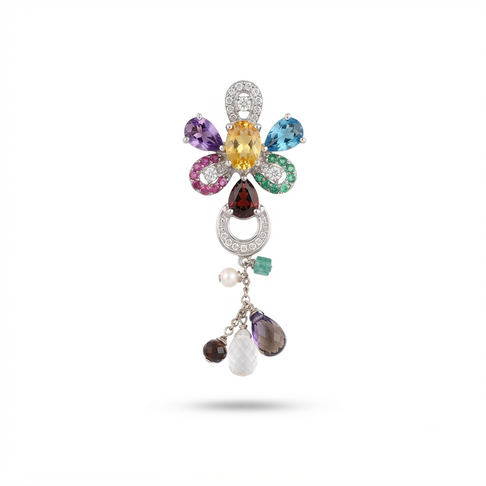 18K Gold Multi-Gemstone Diamond Floral Pendant – 4.70g