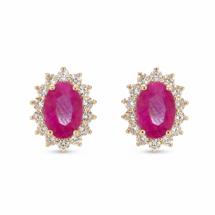 18K Gold Oval Ruby & Diamond Halo Stud Earrings – 2.97g