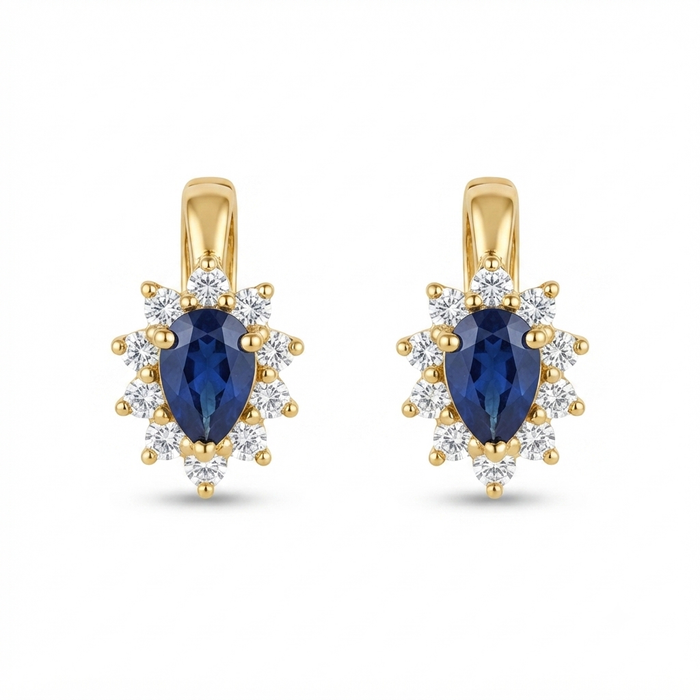 18K Gold Pear-Cut Sapphire & Diamond Halo Stud Earrings – 4.32g