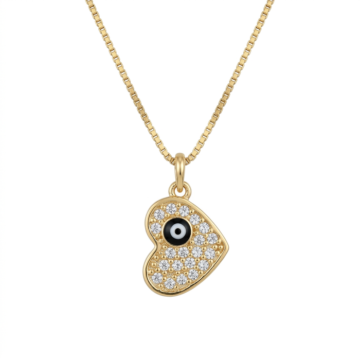 18K Gold Diamond Evil Eye Heart Pendant Necklace – 1.83g