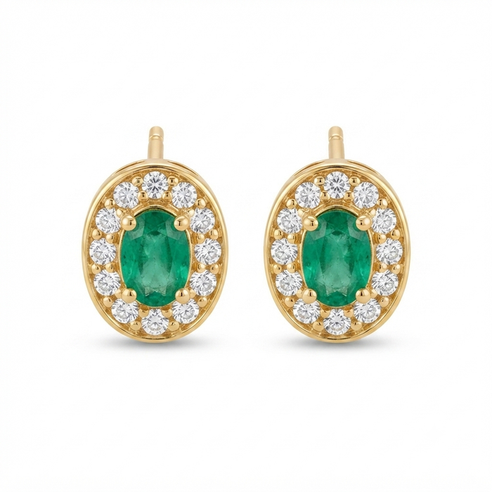 18K Gold Oval Emerald & Diamond Halo Stud Earrings – 3.91g