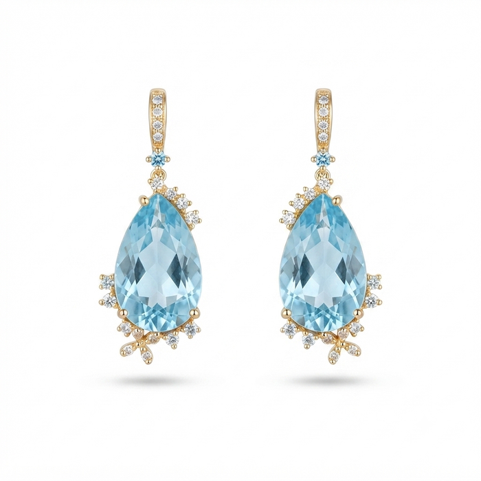 18K Gold Pear Blue Topaz & Diamond Drop Earrings – 6.01g