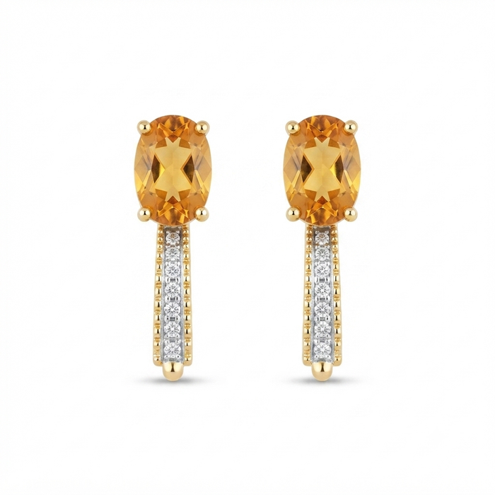 18K Gold Oval Citrine & Diamond Huggie Hoop Earrings – 2.37g