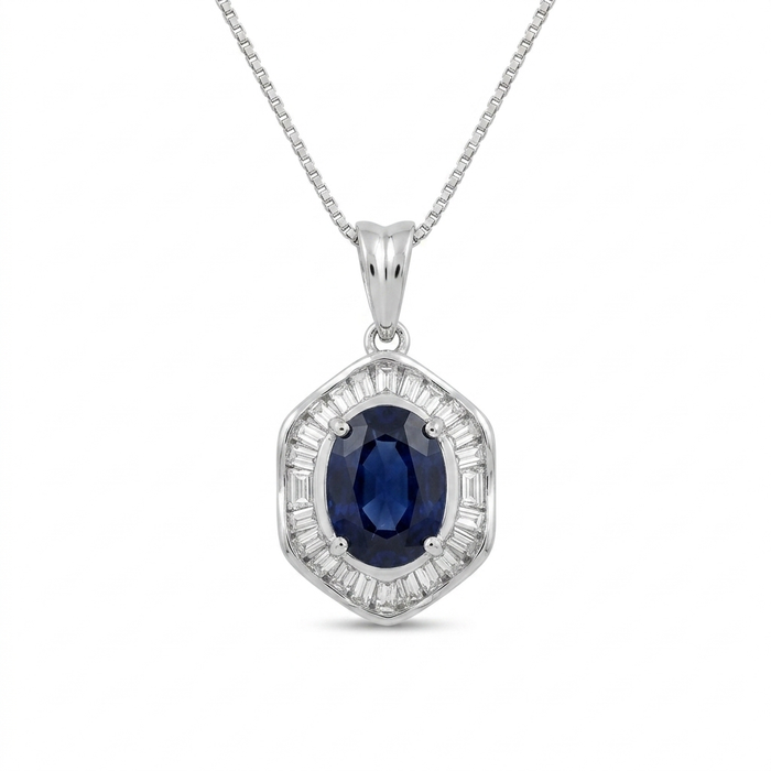 18K Gold Oval Blue Sapphire & Diamond Halo Pendant Necklace – 3.32g