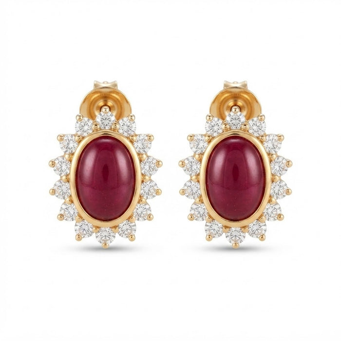 18K Gold Oval Ruby Cabochon & Diamond Halo Stud Earrings – 6.42g