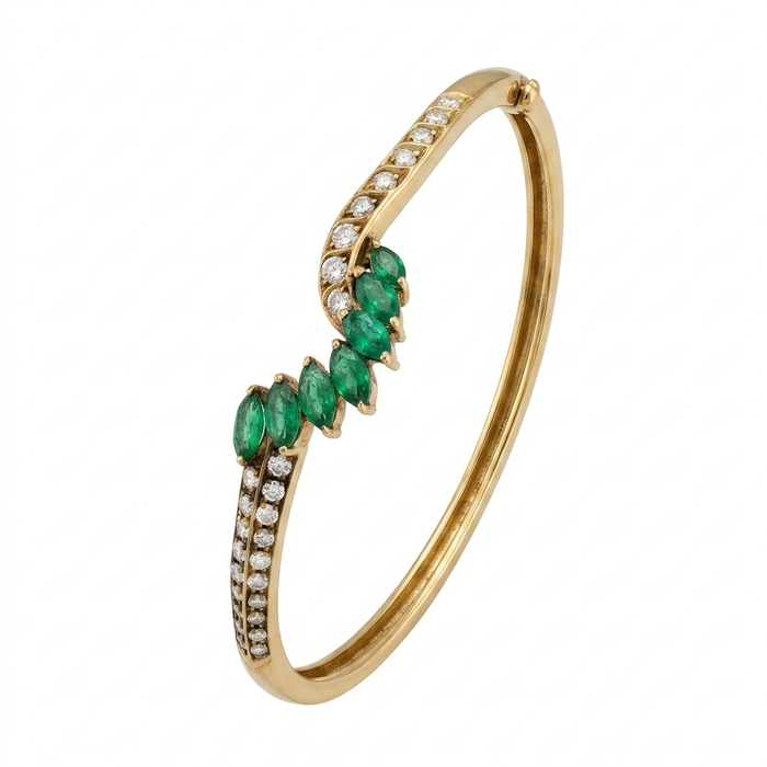 18K Gold Emerald & Diamond Marquise Leaf Bangle – 18.39g