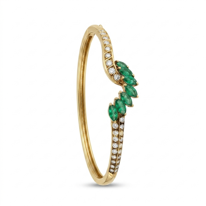 18K Gold Emerald & Diamond Marquise Leaf Bangle – 18.39g