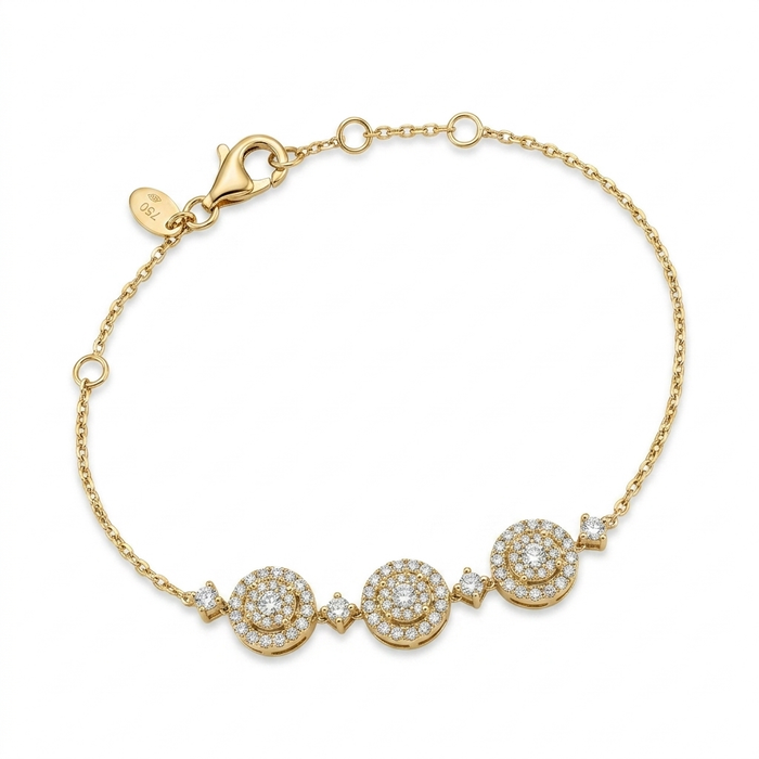 18K Gold Triple Diamond Halo Station Bracelet – 2.92g