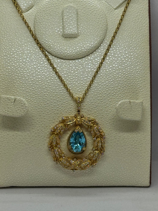 18K Gold Blue Topaz Pendant Necklace with Diamond Accents – 17.07g