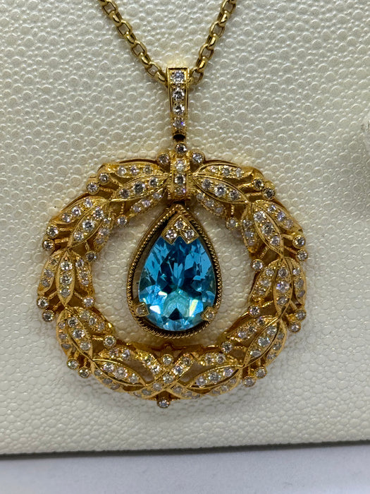 18K Gold Blue Topaz Pendant Necklace with Diamond Accents – 17.07g