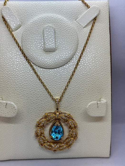18K Gold Blue Topaz Pendant Necklace with Diamond Accents – 17.07g