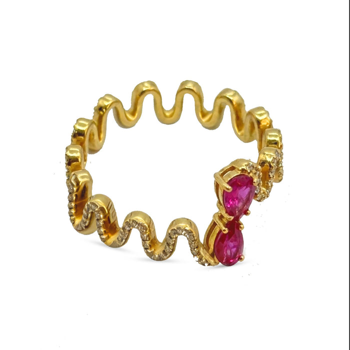 18K Gold Ruby-Tone Wavy Ring with Diamond Accents – 4.61g