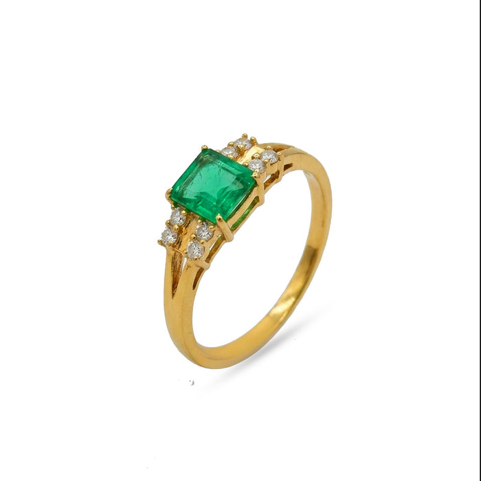 18K Gold Emerald-Cut Green Stone Ring with Diamond Accents