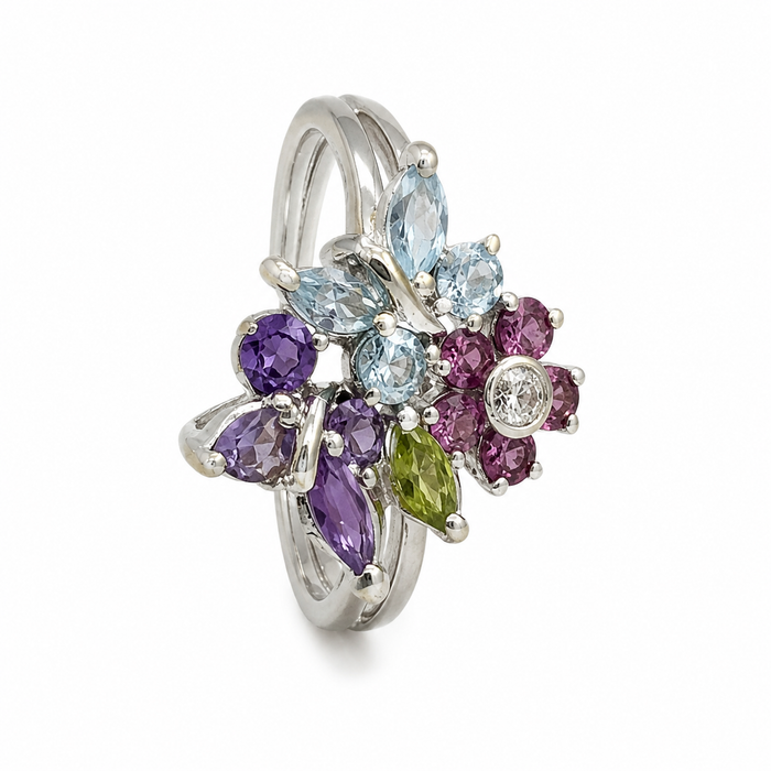18K White Gold Multi-Gemstone Floral Ring – 5.94g