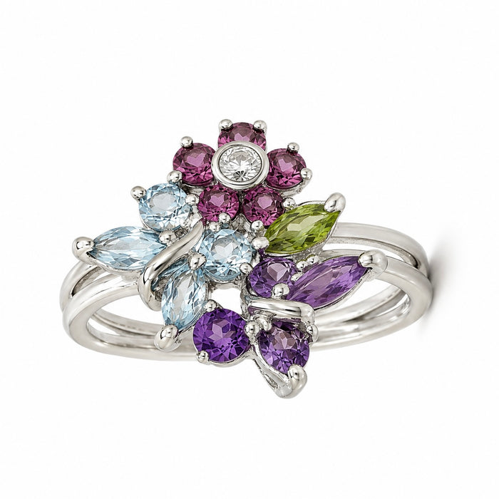 18K White Gold Multi-Gemstone Floral Ring – 5.94g